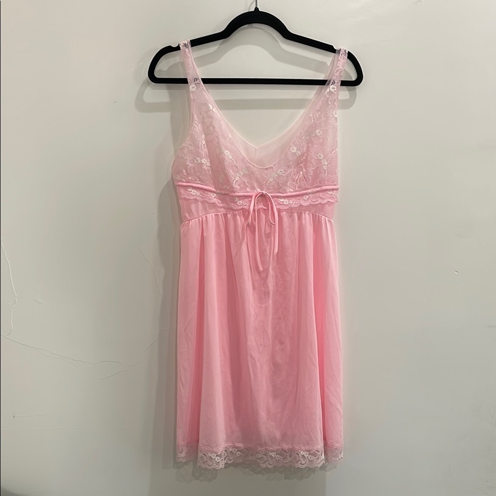 Vintage Montgomery Ward Pink Lace Slip Nightgown Dress Size Large Made In USA